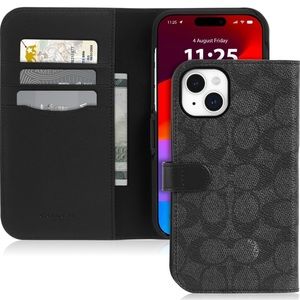 Coach Iphone 14, 15 Folio In Signature Canvas NWT in the color charcoal